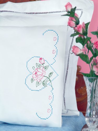0013155853803 - JACK DEMPSEY NEEDLE ART 1600380 PERLE EDGE PILLOWCASE, ROSE AND HEARTS WITH PERLE EDGE FINISH, 20-INCH BY 30-INCH, WHITE