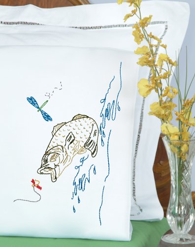0013155854985 - JACK DEMPSEY NEEDLE ART 1600498 PERLE EDGE PILLOWCASE, FISH WITH PERLE EDGE FINISH, 20-INCH BY 30-INCH, WHITE
