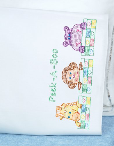 0013155861242 - JACK DEMPSEY NEEDLE ART 1605124 CHILDREN'S PILLOWCASE, PEEK A BOO WITH PERLE EDGE FINISH, 20-INCH BY 30-INCH, WHITE