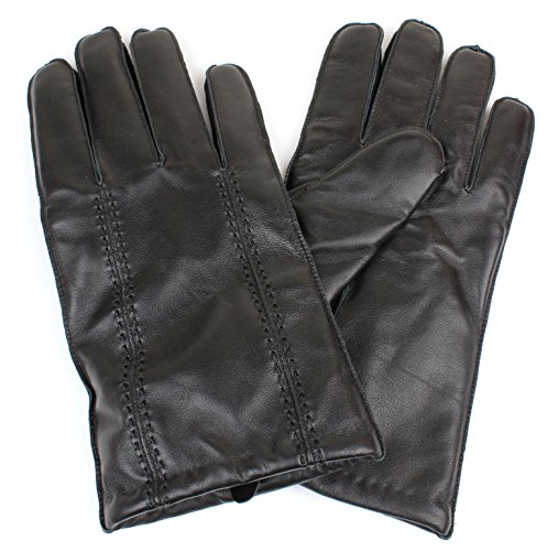0013189283447 - MEN'S BLACK GENUINE LEATHER WINTER GLOVES WOOL LINING DOUBLE STITCH ACCENT - LARGE