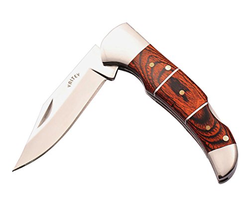 0013189443506 - VALTEV POCKET KNIFE, FOLDING HUNTING STYLE, QUALITY STAINLESS STEEL LOCKBACK BLADE, POLISHED STAINLESS STEEL AND WOOD INLAY HANDLE, STURDY NYLON POUCH WITH PRESS CLASP INCLUDED