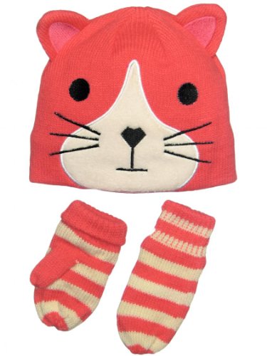 0013244104526 - INFANT TODDLER AND GIRLS KITTY ANIMAL WINTER CRITTER HAT AND MITTEN SET BY OSHKOSH - PINK - 12-24 MTHS