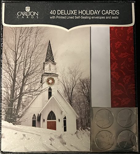 0013286439983 - CARLTON CARDS 40 DELUXE SNOWY CHURCH / STEEPLE HOLIDAY CARDS W/ PRINTED LINED SELF-SEALING ENVELOPES AND SEALS