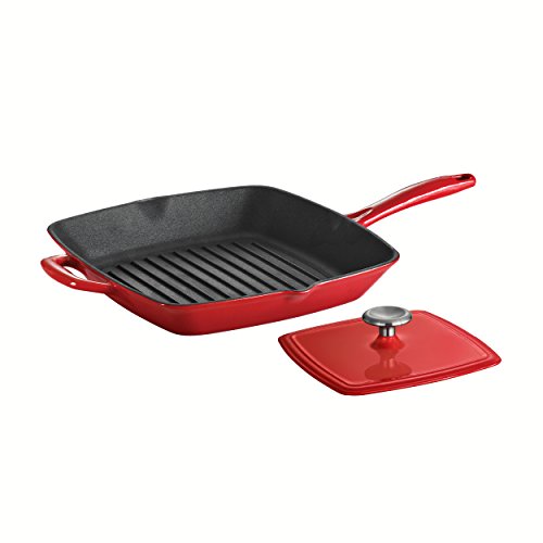 1330010264437 - TRAMONTINA ENAMELED CAST IRON GRILL PAN WITH PRESS, 11-INCH, GRADATED RED