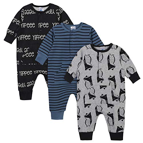 0013618027703 - GERBER S GROW BABY BOYS ORGANIC 3-PACK COVERALL SET, BLACK/WHITE/GREY/BLUE, 6-9 MONTHS