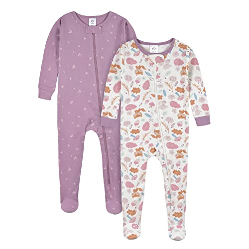 0013618311857 - GERBER BABY GIRLS 2-PACK FOOTED PAJAMAS, WOODLAND FLORAL PURPLE, 12 MONTHS