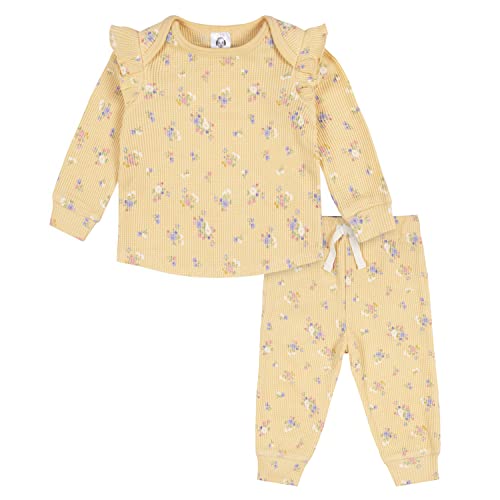 0013618381966 - GERBER BABY GIRLS 2-PIECE LONG SLEEVE TEE & PULL-ON JOGGER SET, YELLOW FLORAL, 12 MONTHS