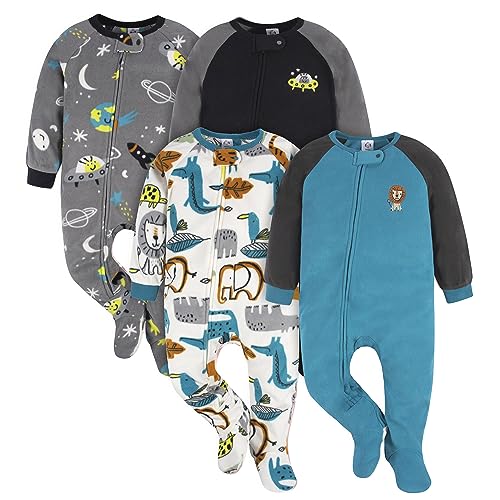0013618406423 - GERBER BABY BOYS TODDLER LOOSE FIT FLAME RESISTANT FLEECE FOOTED PAJAMAS 4-PACK, GREY SPACE & LION