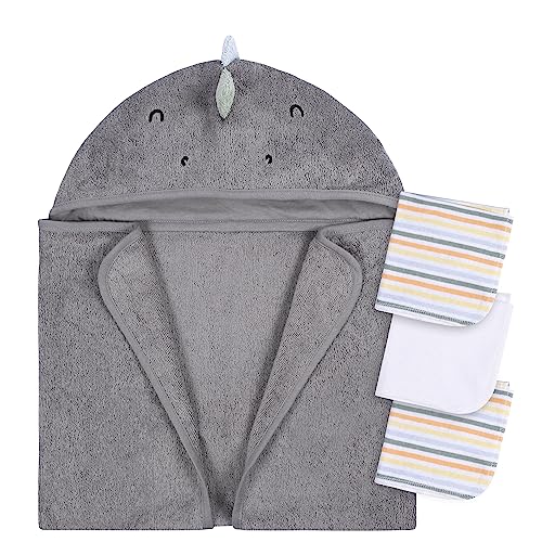 0013618423628 - GERBER BABY 4 PIECE ANIMAL CHARACTER HOODED TOWEL AND WASHCLOTH SET, CHARCOAL DINO, ONE SIZE