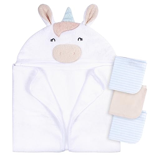 0013618423635 - GERBER BABY 4 PIECE ANIMAL CHARACTER HOODED TOWEL AND WASHCLOTH SET, WHITE UNICORN, ONE SIZE