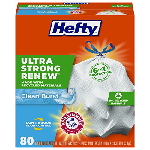 0013700450679 - HEFTY ULTRA STRONG RENEW TALL KITCHEN TRASH BAGS, WHITE, CLEAN BURST SCENT, 13 GALLON, 80 COUNT