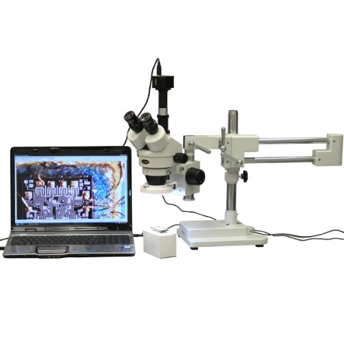 0013964471786 - AMSCOPE SM-4T-64S-P DIGITAL PROFESSIONAL TRINOCULAR STEREO ZOOM MICROSCOPE, WH10X EYEPIECES, 7X-45X MAGNIFICATION, 0.7X-4.5X ZOOM OBJECTIVE, 64-BULB LED RING LIGHT, DOUBLE-ARM BOOM STAND, 110V-240V, INCLUDES 0.3MP CAMERA WITH REDUCTION LENS AND SOFTWARE