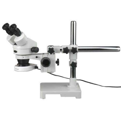 0013964500080 - AMSCOPE SM-3BZ-80S BINOCULAR STEREO MICROSCOPE, WF10X EYEPIECES, 3.5X-90X MAGNIFICATION, 0.7X-4.5X OBJECTIVE POWER, 0.5X AND 2.0X BARLOW LENSES, 80-BULB RING-STYLE LED LIGHT SOURCE, SINGLE-ARM BOOM STAND, 110V