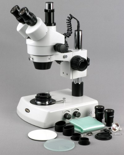 0013964500295 - AMSCOPE SM-2TZ-DK PROFESSIONAL TRINOCULAR STEREO ZOOM MICROSCOPE, WH10X EYEPIECES, 3.5X-90X MAGNIFICATION, 0.7X-4.5X ZOOM OBJECTIVE, UPPER AND LOWER HALOGEN LIGHTING, PILLAR STAND, 110V-120V, INCLUDES DARKFIELD CONDENSER AND 0.5X AND 2.0X BARLOW LENSES