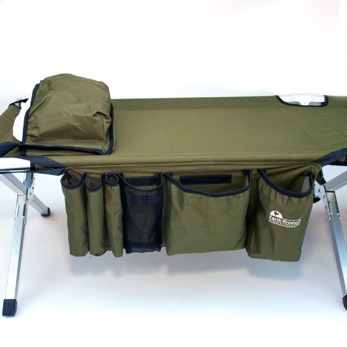 0013964680034 - EARTH PRODUCTS JAMBOREE MILITARY STYLE FOLDING COT WITH FREE SIDE STORAGE BAG SYSTEM AND PILLOW (GREEN)
