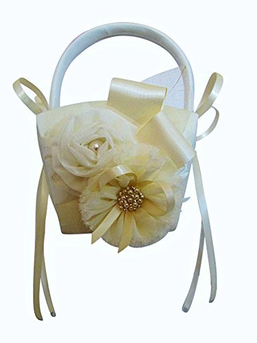 0013964707571 - CLASSIC WEDDING SATIN TULLE PEARL RHINESTONE FLOWER GIRL BASKET (IVORY)