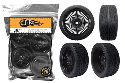 0013964718591 - FIREBRAND RC O.G.-RT ON-ROAD RACE WHEELS AND DAGGER TREADED RACE TIRES, SMOKER'S CHROME (DIRECTIONAL, SET OF 4 - PRE-GLUED) 1:10 SCALE RC WHEELS