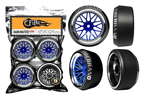 0013964718874 - FIREBRAND RC DARKMATTER-XDR9 (9MM OFF-SET) XTREME DRIFT RACE WHEELS AND DIAMOND, 45˚/5˚ DOUBLE-BEVELED DRIFT TIRES, ICE-CHROME (SET OF 4) 1:10 SCALE RC WHEELS