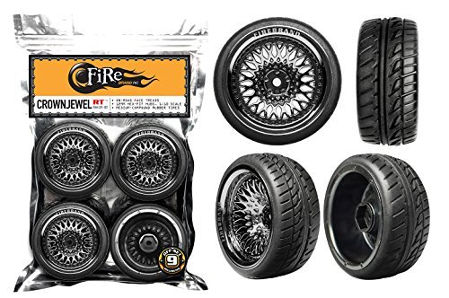 0013964718942 - FIREBRAND RC CROWNJEWEL-RT9 (9MM OFF-SET) ON-ROAD RACE WHEELS AND ZILLATM RACE TREADS, SMOKER'S CHROME (DIRECTIONAL, SET OF 4 - PRE-GLUED) 1:10 SCALE RC WHEELS