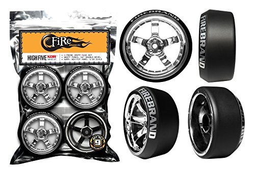 0013964718959 - FIREBRAND RC HIGHFIVE-XDR9 (9MM OFF-SET) XTREME DRIFT RACE WHEELS AND DIAMOND, 45˚/5˚ DOUBLE-BEVELED DRIFT TIRES, ICE-CHROME (SET OF 4) 1:10 SCALE RC WHEELS