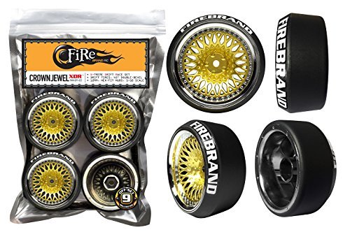 0013964718997 - FIREBRAND RC CROWNJEWEL-XDR9 (9MM OFF-SET) XTREME DRIFT RACE WHEELS AND DIAMOND, 45˚/5˚ DOUBLE-BEVELED DRIFT TIRES, SILK-GOLD/ICE-CHROME (SET OF 4) 1:10 SCALE RC WHEELS