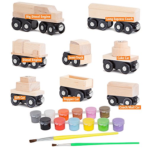 0013964830316 - ORBRIUM TOYS 8 UNPAINTED TRAIN CARS FOR WOODEN RAILWAY COMPATIBLE WITH THOMAS, CHUGGINGTON, BRIO, PACK OF 8, 10 PIECES, GREAT FOR BIRTHDAY PARTY TRAIN THEME