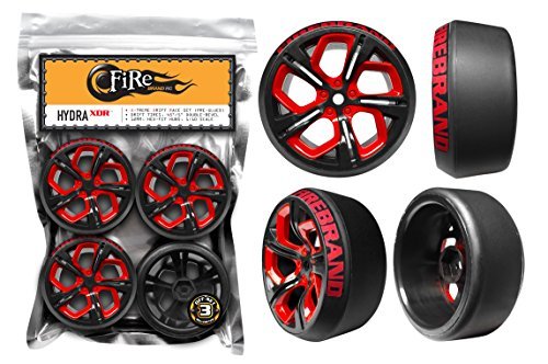 0013964995503 - FIREBRAND RC HYDRA-XDR XTREME DRIFT RACE WHEELS AND DIAMOND, 45˚/5˚ DOUBLE-BEVELED DRIFT TIRES, GALAXY-BLACK /ROCKET-RED ACCENTS (SET OF 4) 1:10 SCALE RC WHEELS