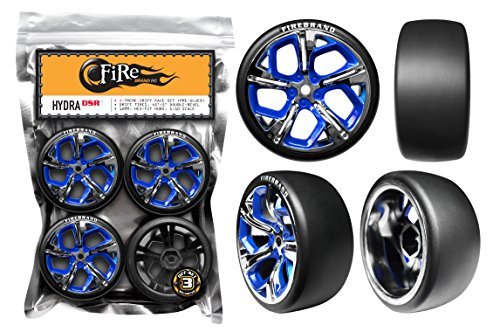 0013964995534 - FIREBRAND RC HYDRA-DSR DRIFT SLICK RACE WHEELS AND SICKLE-R, SMOOTH DRIFT TIRES, ICE-CHROMETM W/ BALLER-BLUETM ACCENTS (SET OF 4) 1:10 SCALE RC WHEELS