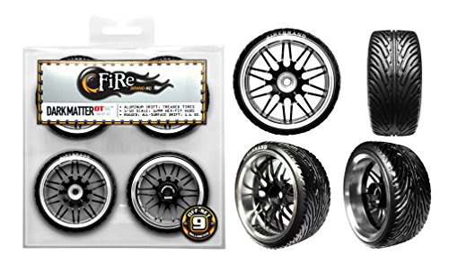 0013964995565 - FIREBRAND RC DARKMATTER-DTM ALUMINUM DRIFT/ RACE WHEELS AND MOWHAWK TREADED DRIFT TIRES, GALAXY BLACK W/ ICE-CHROME ACCENTS (SET OF 4) 1:10 SCALE RC WHEELS