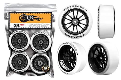 0013964995602 - FIREBRAND RC CHAR-XDR (9MM OFF-SET) XTREME DRIFT RACE WHEELS IN GALAXY BLACK WITH BLIZZARD, 65˚/5˚ DOUBLE-BEVELED ALPINE WHITE DRIFT TIRES (SET OF 4) 1:10 SCALE RC WHEELS