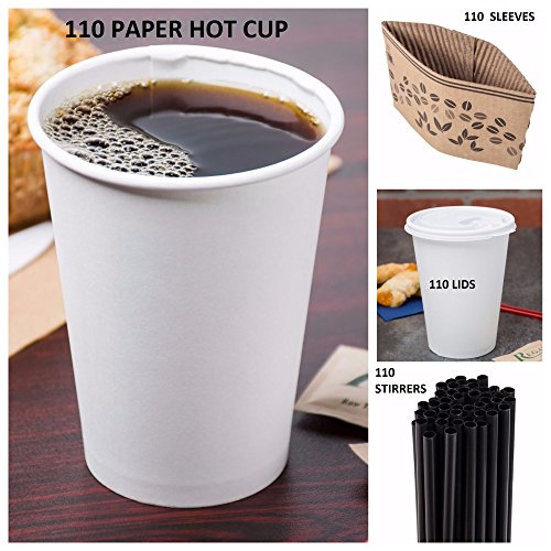 0014181496637 - SUPER SET OF 110 PAPER COFFEE HOT CUPS, TRAVEL LIDS, SLEEVES & STIRRERS -12OZ / 360ML - WHITE - OFFICE/PARTY PACK, TO GO COFFEE CUPS, DISPOSABLE HOT/COLD COFFEE, TEA & CHOCOLATE - MADE IN USA