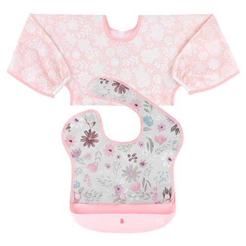 0014292653608 - BUMKINS SWAP POCKET BIB, 3-PC COMBINATION FABRIC SUPERBIB AND SLEEVED BIB WITH ATTACHABLE PLATINUM SILICONE FOOD CATCHER POCKET, BABY BIB, FITS AGES 6-18 MOS – FLORAL & LACE