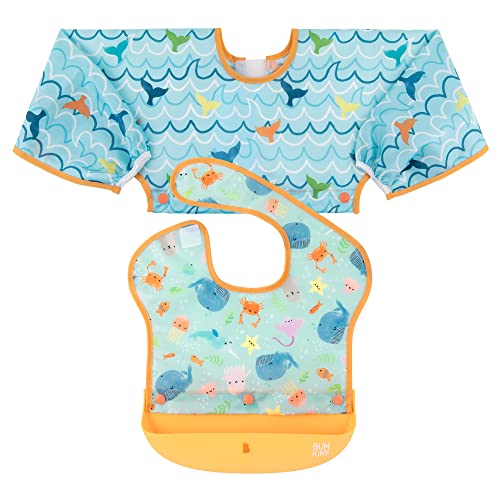 0014292653622 - BUMKINS SWAP POCKET BIB, 3-PC COMBINATION FABRIC SUPERBIB AND SLEEVED BIB WITH ATTACHABLE PLATINUM SILICONE FOOD CATCHER POCKET, BABY BIB, FITS AGES 6-18 MOS – OCEAN LIFE & WHALE TAIL