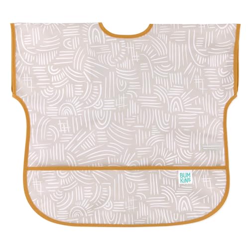 0014292655701 - BUMKINS SHORT SLEEVE BIB FOR GIRL OR BOY, TODDLER AND KIDS FOR 1-3 YEARS, LARGE SIZE, ESSENTIAL MUST HAVE FOR JUNIOR CHILDREN, EATING, MESS SAVING SOFT FABRIC APRON FOR PLAY, BOHO BEIGE