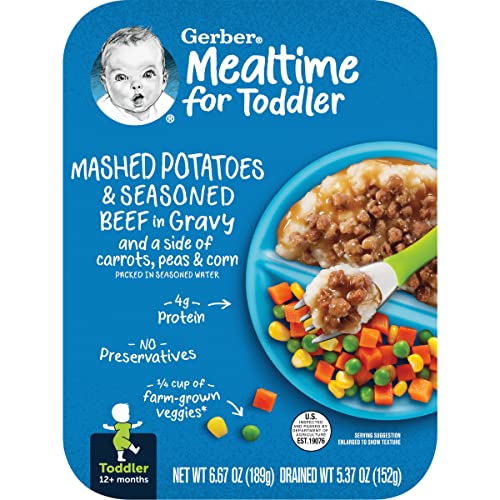 0015000525675 - GERBER BABY FOOD, MASHED POTATOES & SEASONED BEEF IN GRAVY AND A SIDE OF CARROTS, PEAS AND CORN, TODDLER FOOD WITH FARM GROWN VEGGIES, TODDLER MEAL, NO PRESERVATIVES, 6.67 OZ OUNCE