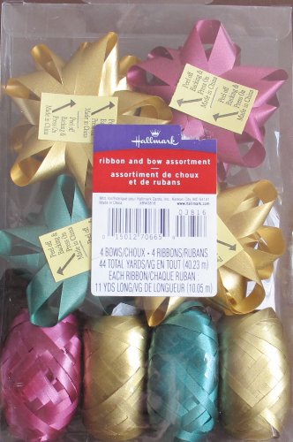 0015012706659 - HALLMARK RIBBON AND BOW ASSORTMENT W 4 RIBBONS ROLLS & 4 SELF STICK BOWS IN GOLD, PURPLE & GREEN TONES