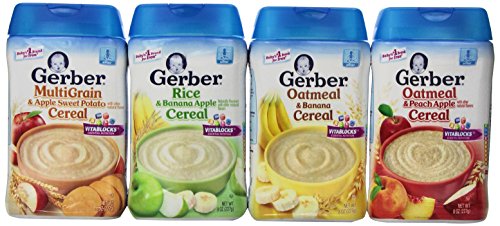 0015568185311 - GERBER BABY CEREAL ASSORTED FLAVOR VARIETY PACK: OATMEAL & PEACH APPLE CEREAL, RICE & BANANA APPLE CEREAL, OATMEAL & BANANA CEREAL, MULTIGRAIN & APPLE SWEET POTATO CEREAL. BUNDLE OF 4- 8OZ CONTAINERS.