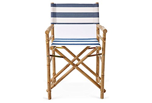 0015568298707 - ZEW HAND CRAFTED FOLDABLE BAMBOO DIRECTOR'S CHAIR WITH TREATED COMFORTABLE STRIPED CANVAS, SET OF 2 FOLDING CHAIRS, NAVY/WHITE