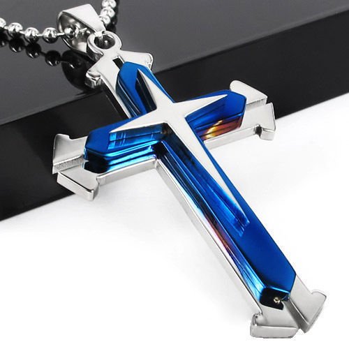 1558796826544 - NEW GIFT UNISEX'S MEN BLUE SILVER STAINLESS STEEL CROSS PENDANT NECKLACE CHAIN