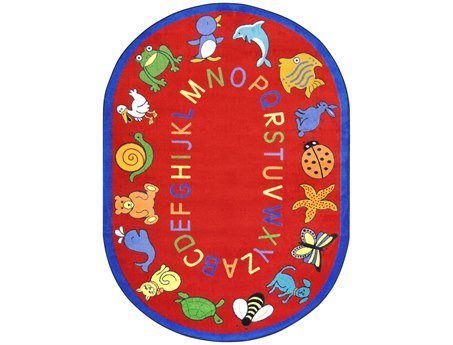 0015961213024 - JOY CARPETS KID ESSENTIALS EARLY CHILDHOOD OVAL ABC ANIMALS RUG, RED, 5'4 X 7'8
