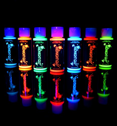 0016102517889 - UV NEON FACE & BODY PAINT GLOW KIT (7 BOTTLES 2 OZ. EACH) TOP RATED BLACKLIGHT REACTIVE FLUORESCENT PAINT - SAFE, WASHES OFF SKIN, NON-TOXIC, MIDNIGHT GLO