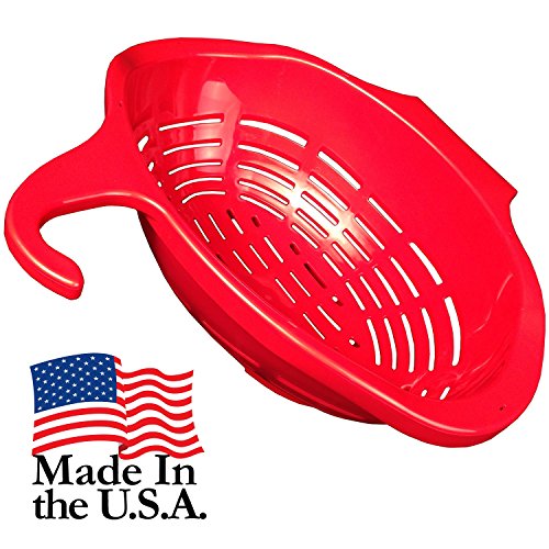 0016346103558 - MADE IN THE USA - HANDS FREE, HANGING & STANDING RED COLANDER - 3 QUARTS, LARGE OVAL DESIGN - AMERICAN QUALITY PLASTIC KITCHEN STRAINER - SOLD BY ARRON KELLY