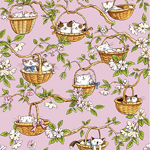 0016542723338 - CAT FABRIC - CATS IN THE GARDEN - CATS IN BASKETS - PINK - 100% COTTON - BY THE YARD