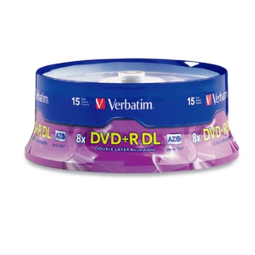 0168141434020 - VERBATIM DVD+R DL AZO 8.5 GB 8X-10X BRANDED DOUBLE LAYER RECORDABLE DISC, 15-DISC SPINDLE 95484