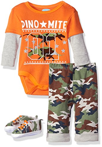 0017036148071 - BON BEBE BOYS' 3 PIECE PANT SET WITH SOFT SOLE SNEAKERS AND BODYSUIT WITH SIDE SNAPS, ORANGE DINOMITE, 3-6 MONTHS