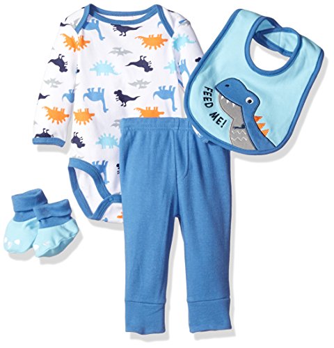 0017036320705 - BON BEBE BOYS' 4 PIECE PANT SET WITH BIB BODYSUIT AND BOOTIES, FEED ME DINO BLUE, 3-6 MONTHS
