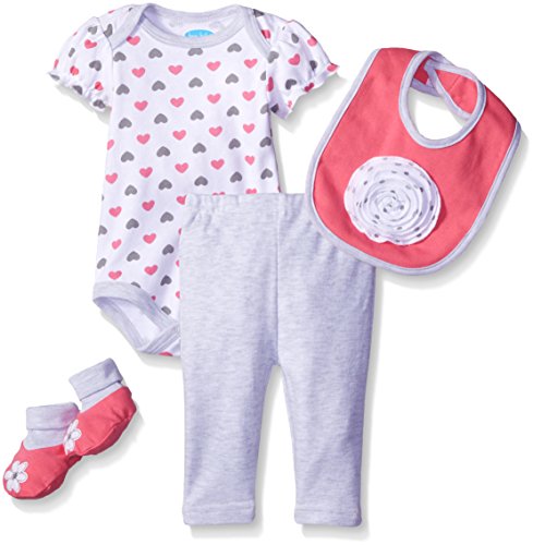 0017036445460 - BON BEBE GIRLS' 4 PIECE PANT SET WITH BODYSUIT BIB AND BOOTIES, HEARTS, 3-6 MONTHS