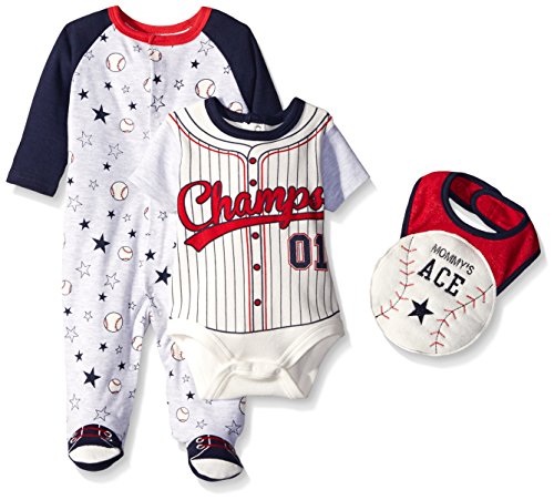0017036822957 - BON BEBE BABY TAKE ME HOME SET WITH COVERALL BODYSUIT AND 3D BIB, BASEBALL, 0-3 MONTHS