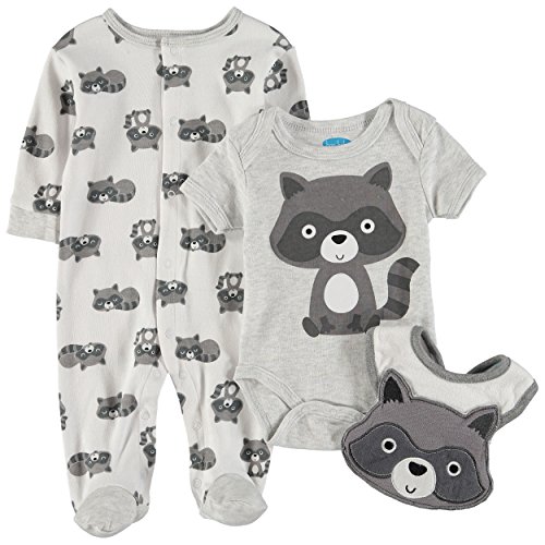 0017036828850 - BON BEBE BABY BOYS' 3 PIECE TAKE ME HOME SET WITH COVERALL BODYSUIT AND BIB, CUTE RACCOON, 6-9 MONTHS