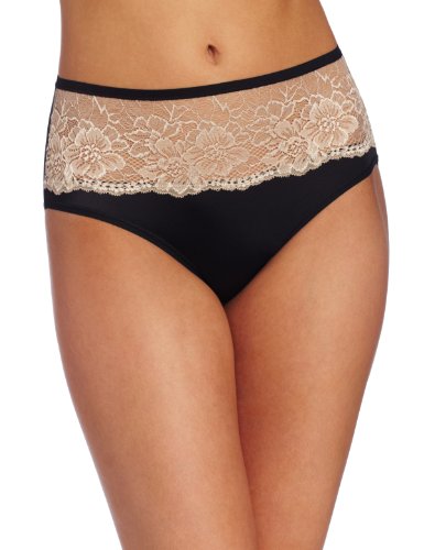 0017326809965 - BALI WOMENS ONE SMOOTH U COMFORT INDULGENCE SATIN WITH LACE HIPSTER PANTY, BLACK/NUDE, LARGE/7